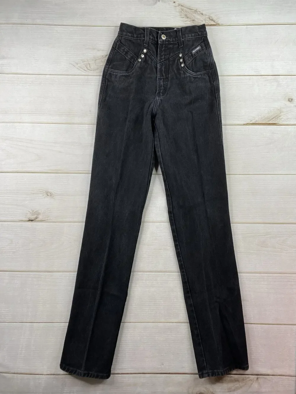 Vtg Rockies Jeans Womens 26/3 Black Rivets Bareback Riding High Rise Cowgirl 90s